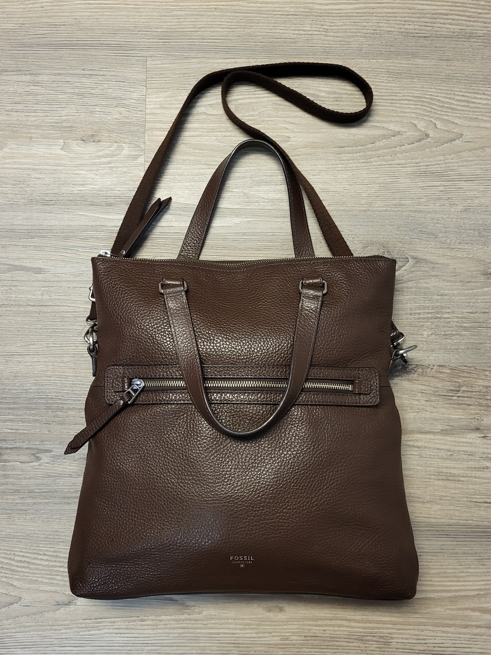 Fossil Chocolate Brown Pebbled Leather Tote with Crossbody Strap